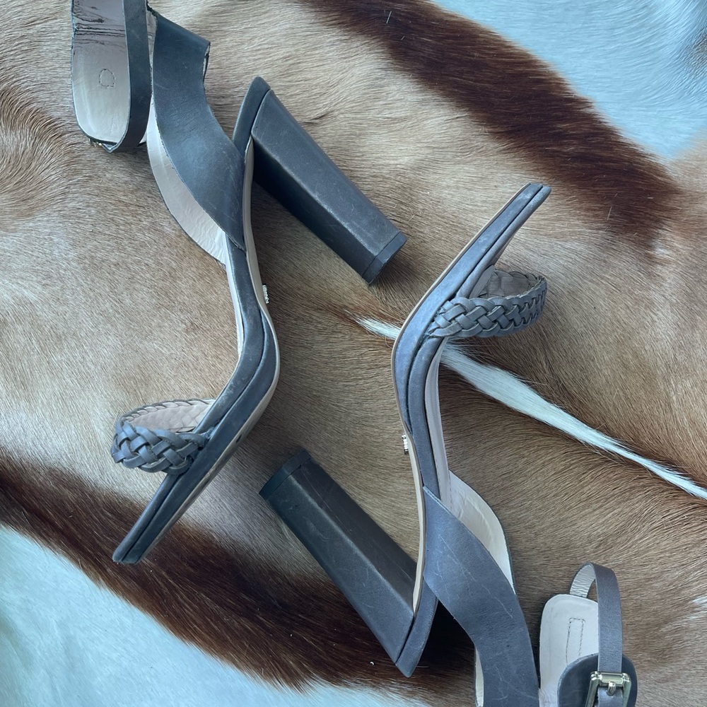 Gray Braided strap Leather Sandal Heels
